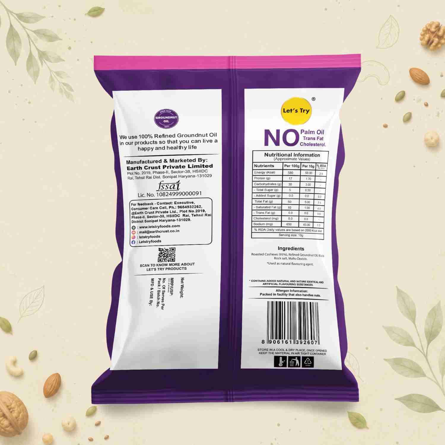 Roasted Cashew Salted Ingredients & Nutritional Label – No Palm Oil, No Maida Clean Label Premium Roasted Ca | Let's Try Foods