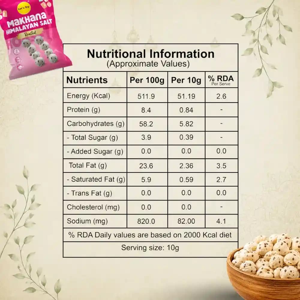 Himalayan Salt Makhana 20g Nutrition Facts – Calories & Ingredients | Healthy Roasted Makhana | Let's Try Foods
