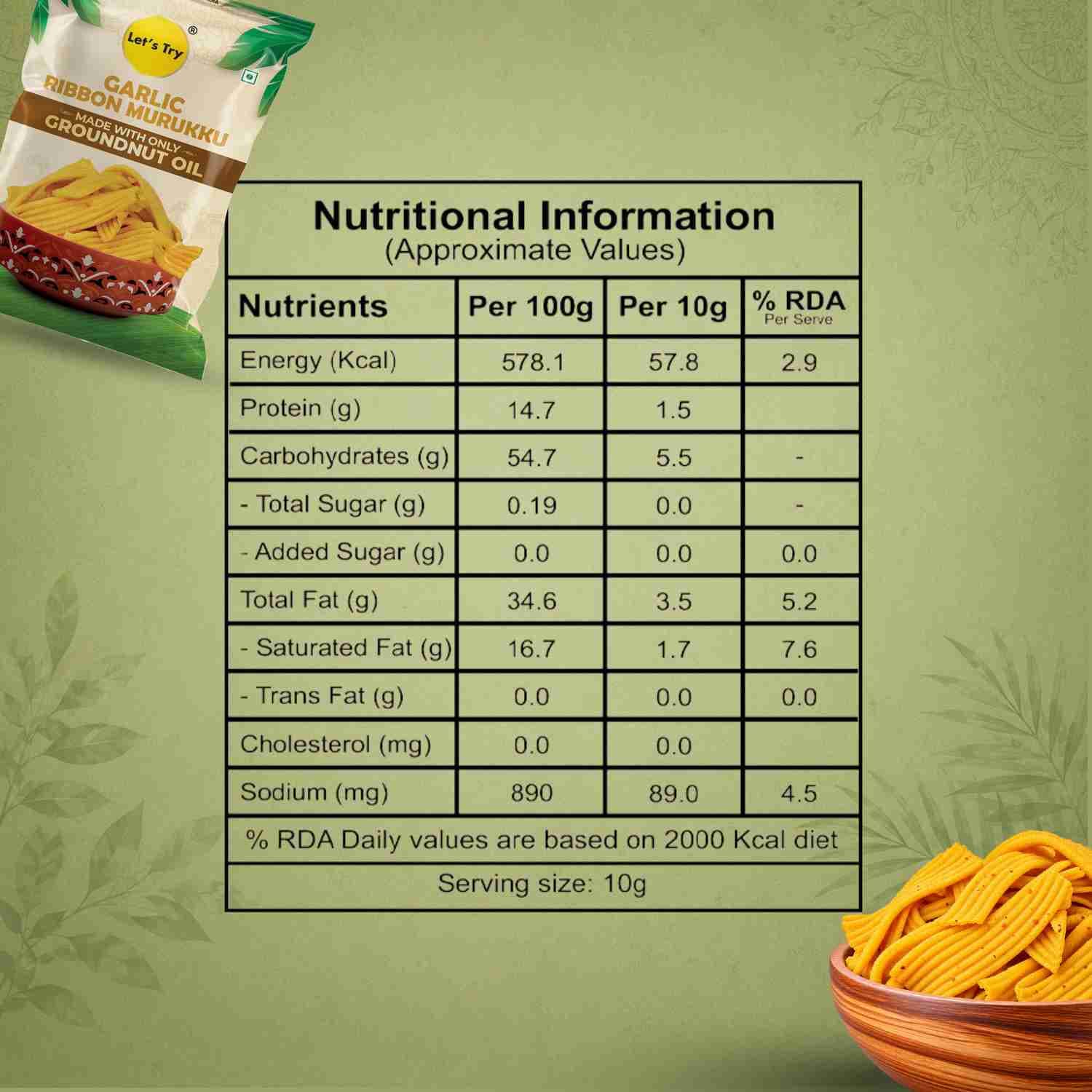 Garlic Ribbon Murukku Nutrition Facts – Calories & Ingredients | Healthy Healthy Namkeen | Let's Try Foods