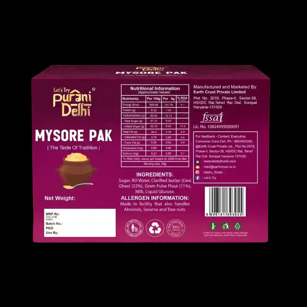 Purani Delhi - Mysore Pak Ingredients & Nutritional Label – No Palm Oil, No Maida Clean Label Traditional De | Let's Try Foods