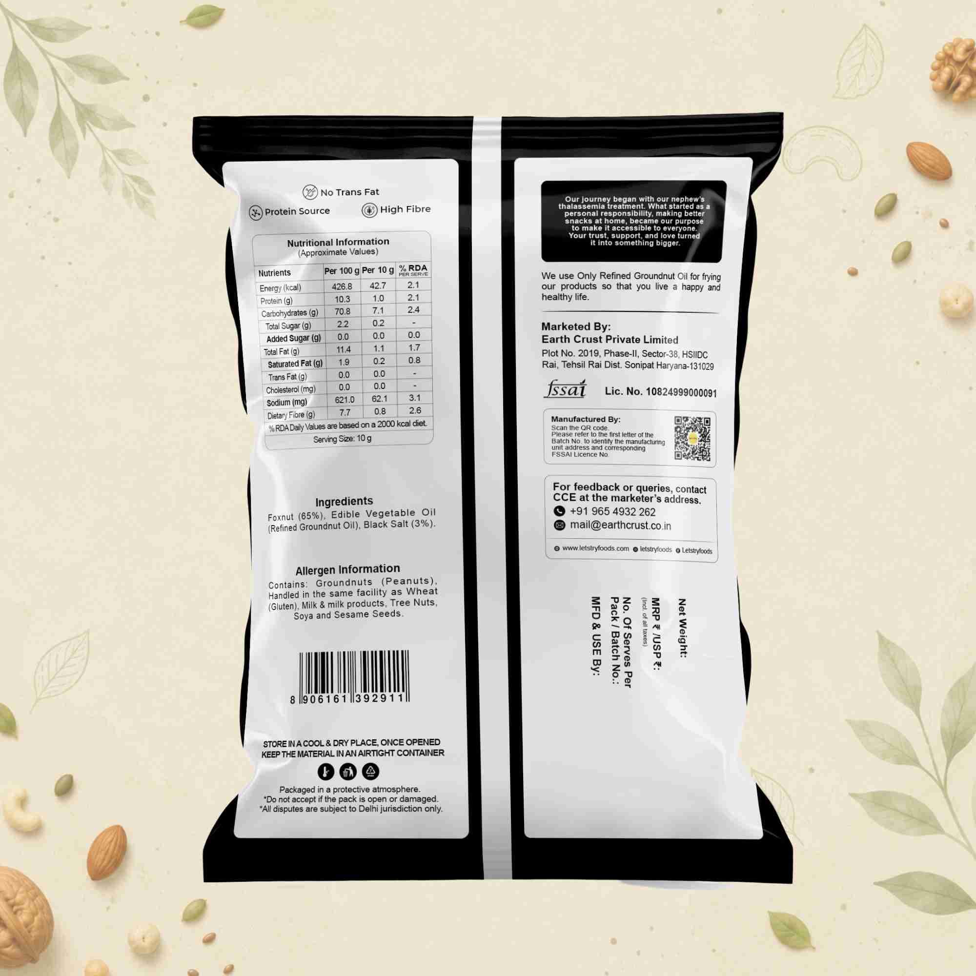 Black Salt Makhana Ingredients & Nutritional Label – No Palm Oil, No Maida Clean Label Roasted Makhana | Let's Try Foods