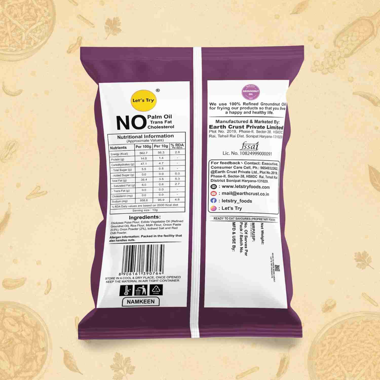 Onion Bhujia Ingredients & Nutritional Label – No Palm Oil, No Maida Clean Label Healthy Namkeen | Let's Try Foods
