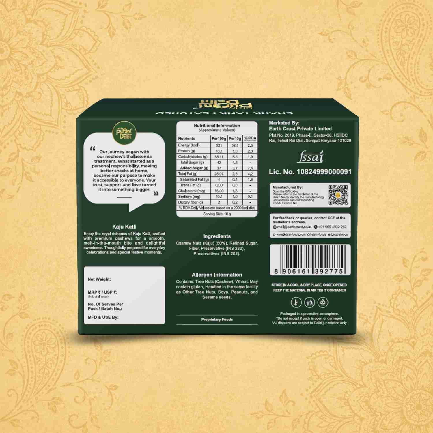 Purani Delhi - Kaju Katli Ingredients & Nutritional Label – No Palm Oil, No Maida Clean Label Traditional De | Let's Try Foods