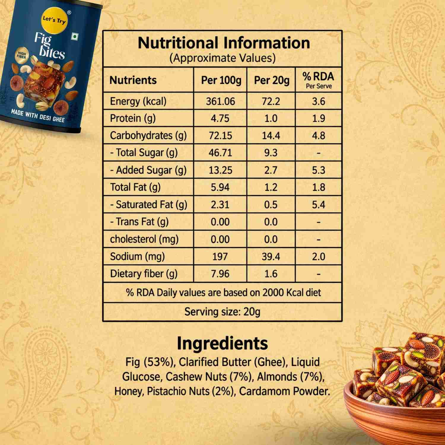 Fig Bites Nutrition Facts – Calories & Ingredients | Healthy Healthy Dry Fruit Snack | Let's Try Foods