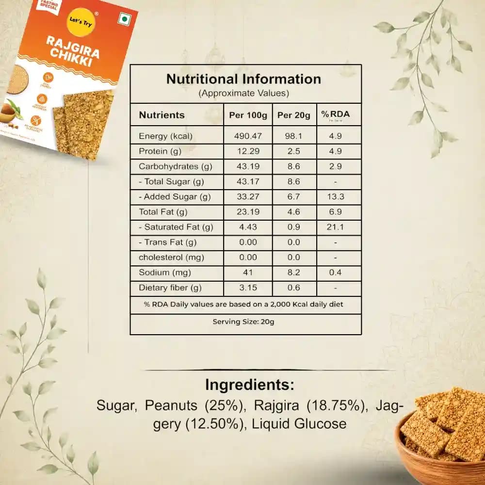 Rajgira Chikki Nutrition Facts – Calories & Ingredients | Healthy Healthy Indian Sweets | Let's Try Foods