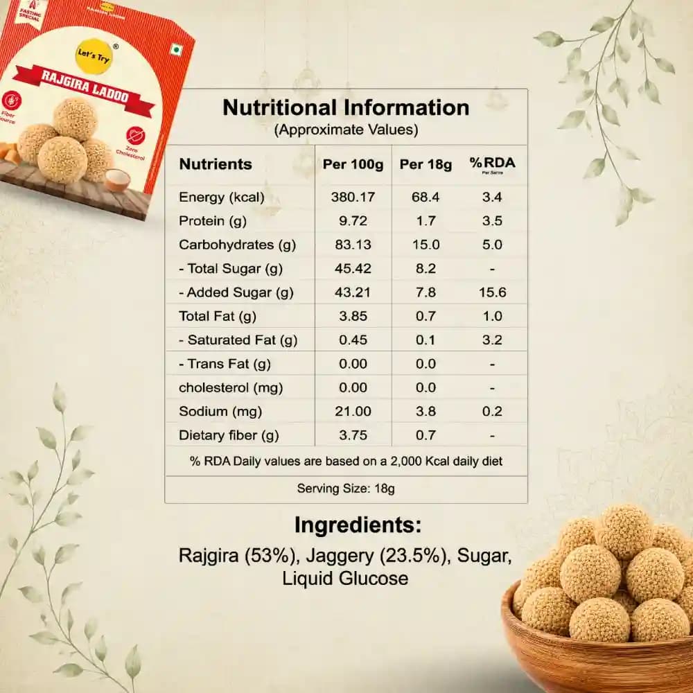 Rajgira Ladoo Ingredients & nutritional information– No Palm Oil, No Maida, Natural Healthy Indian Sweets | Let's Try Foods