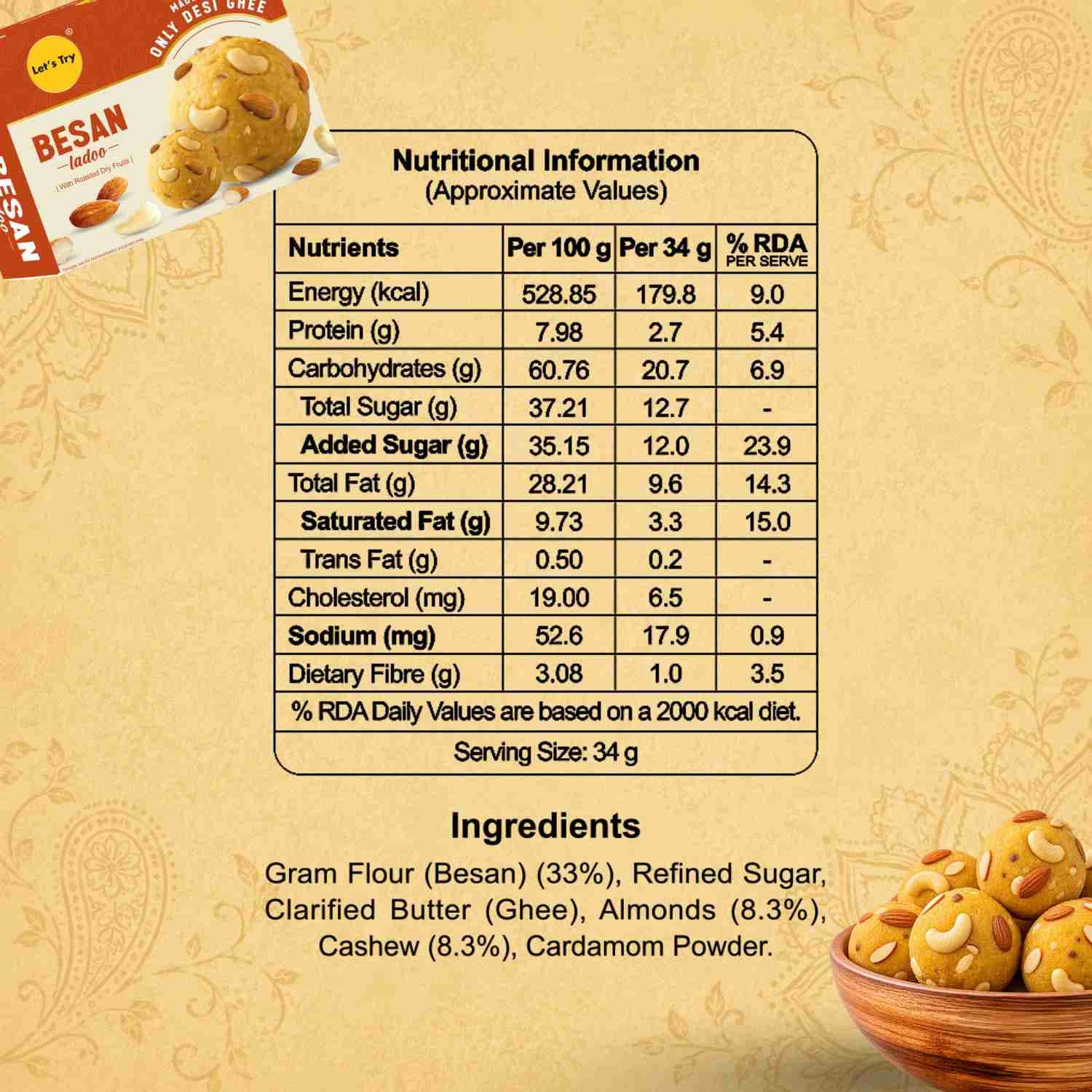 Besan Ladoo Nutrition Facts – Calories & Ingredients | Healthy Healthy Indian Sweets | Let's Try Foods