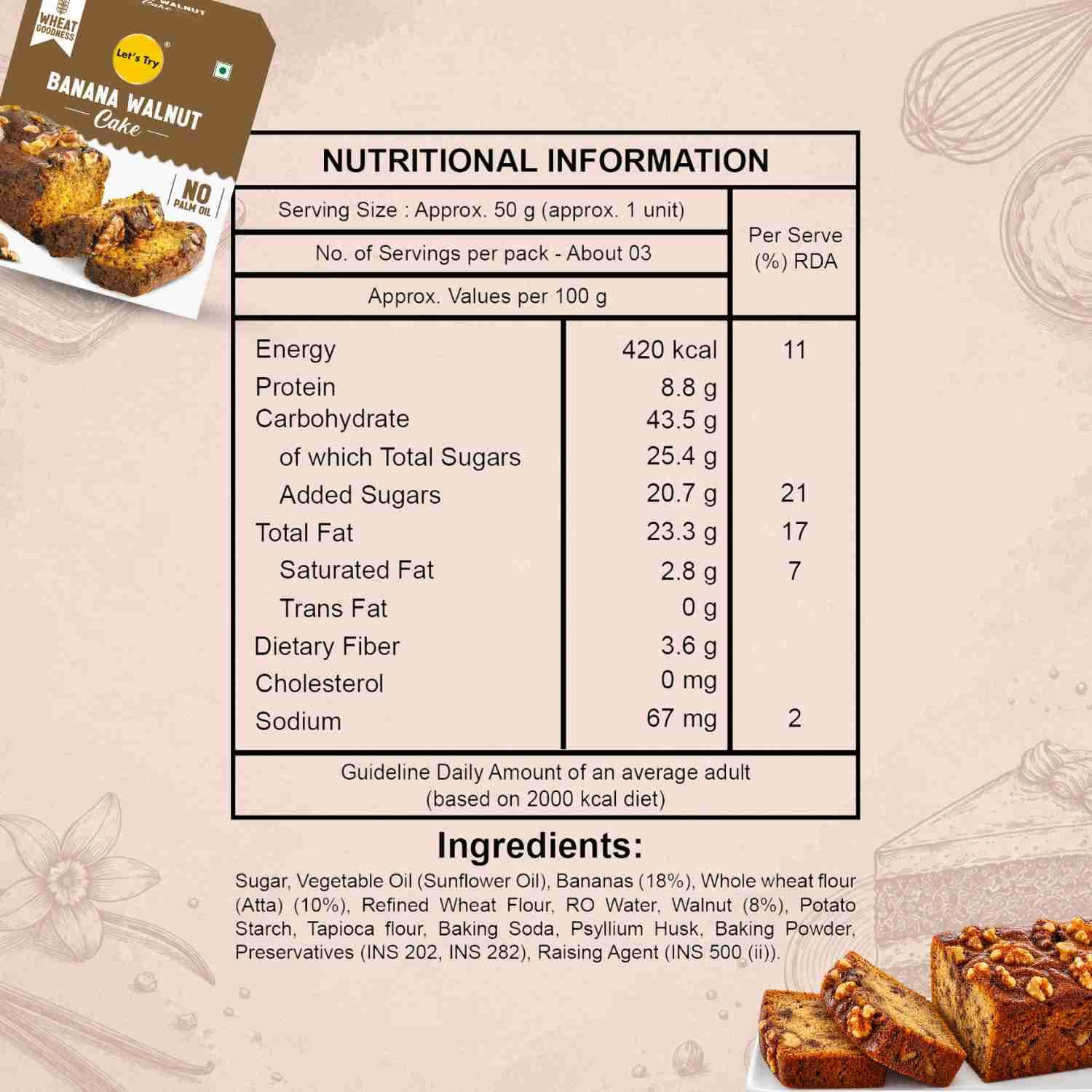 Banana Walnut Cake Nutrition Facts – Calories & Ingredients | Healthy Healthy Baked Snack | Let's Try Foods