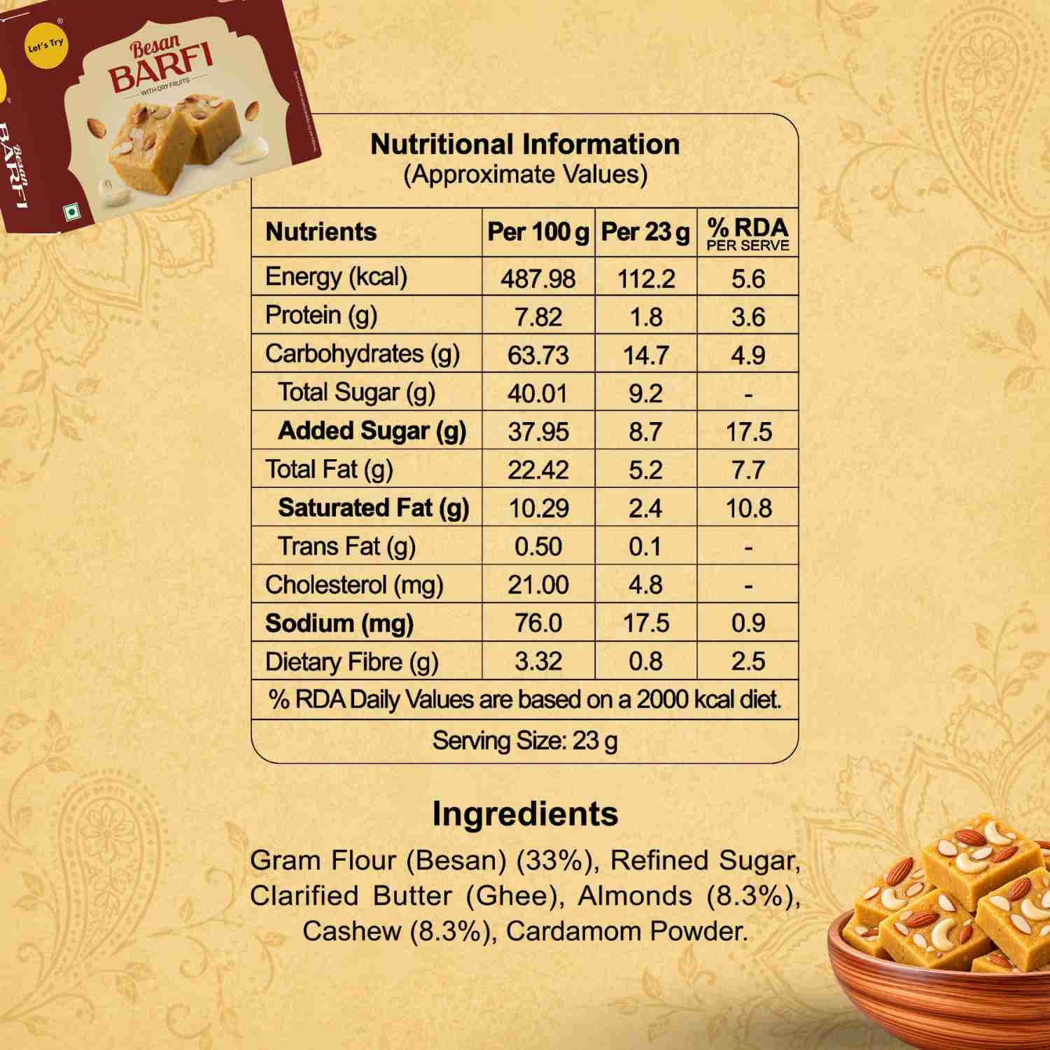 Besan Barfi Nutrition Facts – Calories & Ingredients | Healthy Healthy Indian Sweets | Let's Try Foods