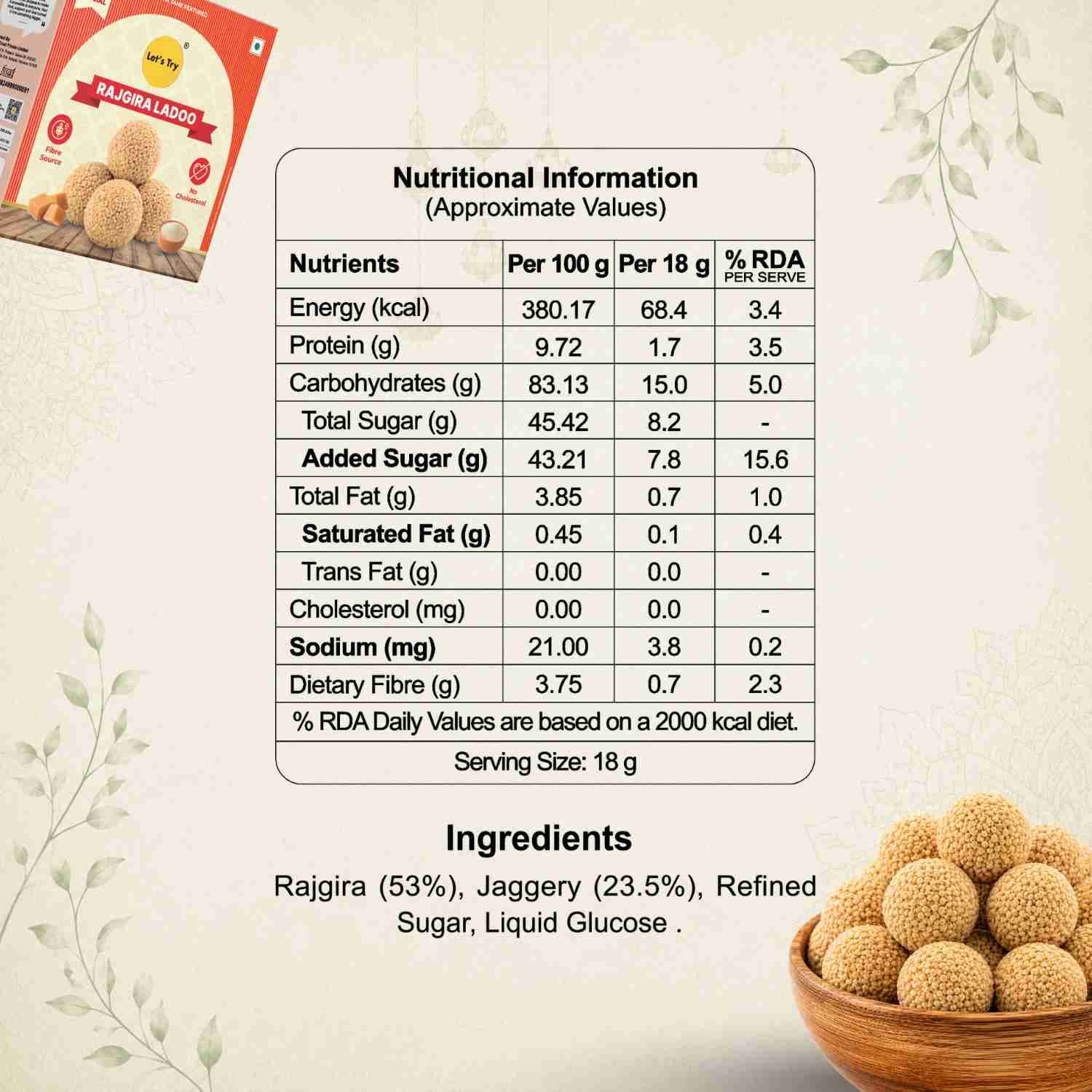 Rajgira Ladoo Ingredients & nutritional information– No Palm Oil, No Maida, Natural Healthy Indian Sweets | Let's Try Foods