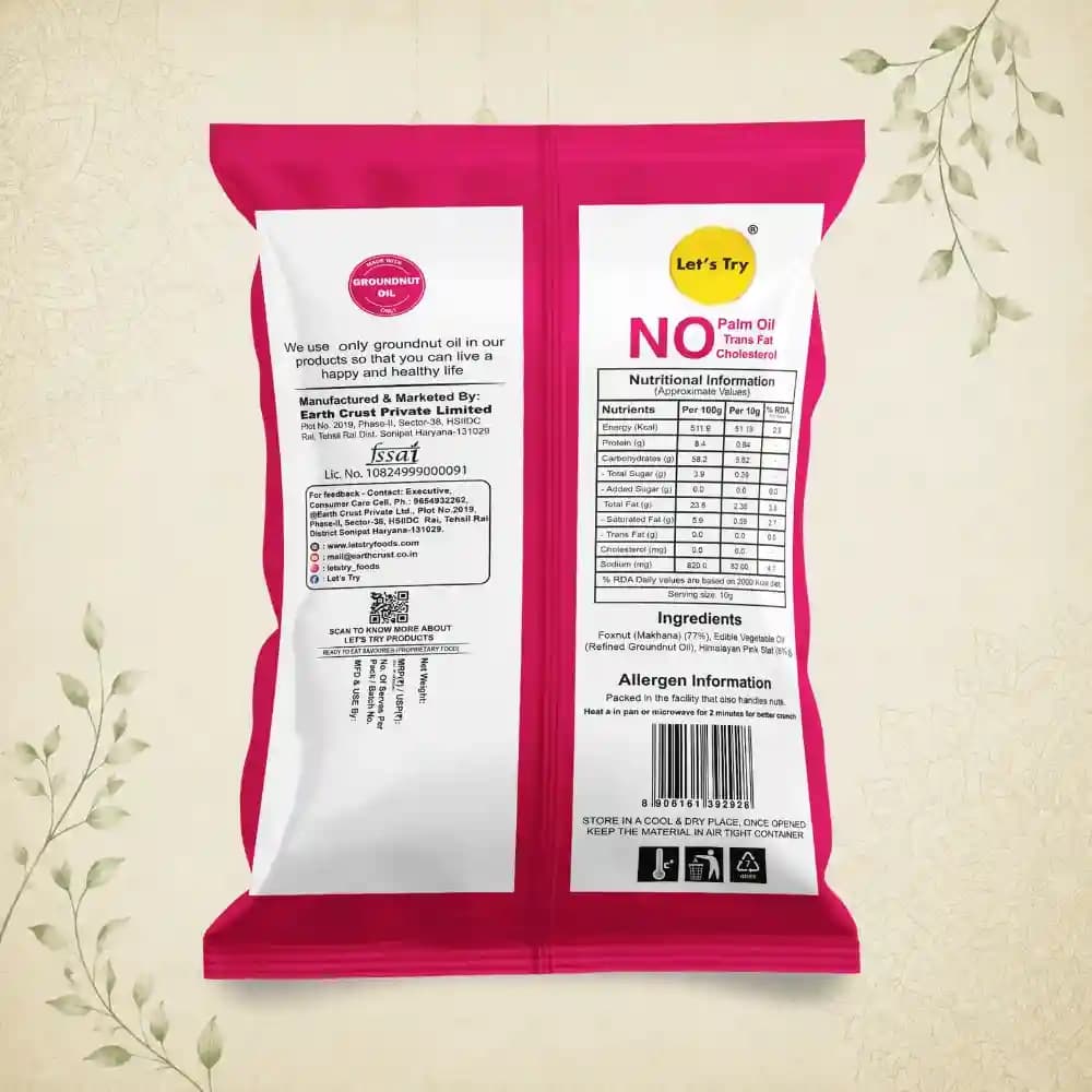 Himalayan Salt Makhana 20g Ingredients & Nutritional Label – No Palm Oil, No Maida Clean Label Roasted Makhana | Let's Try Foods