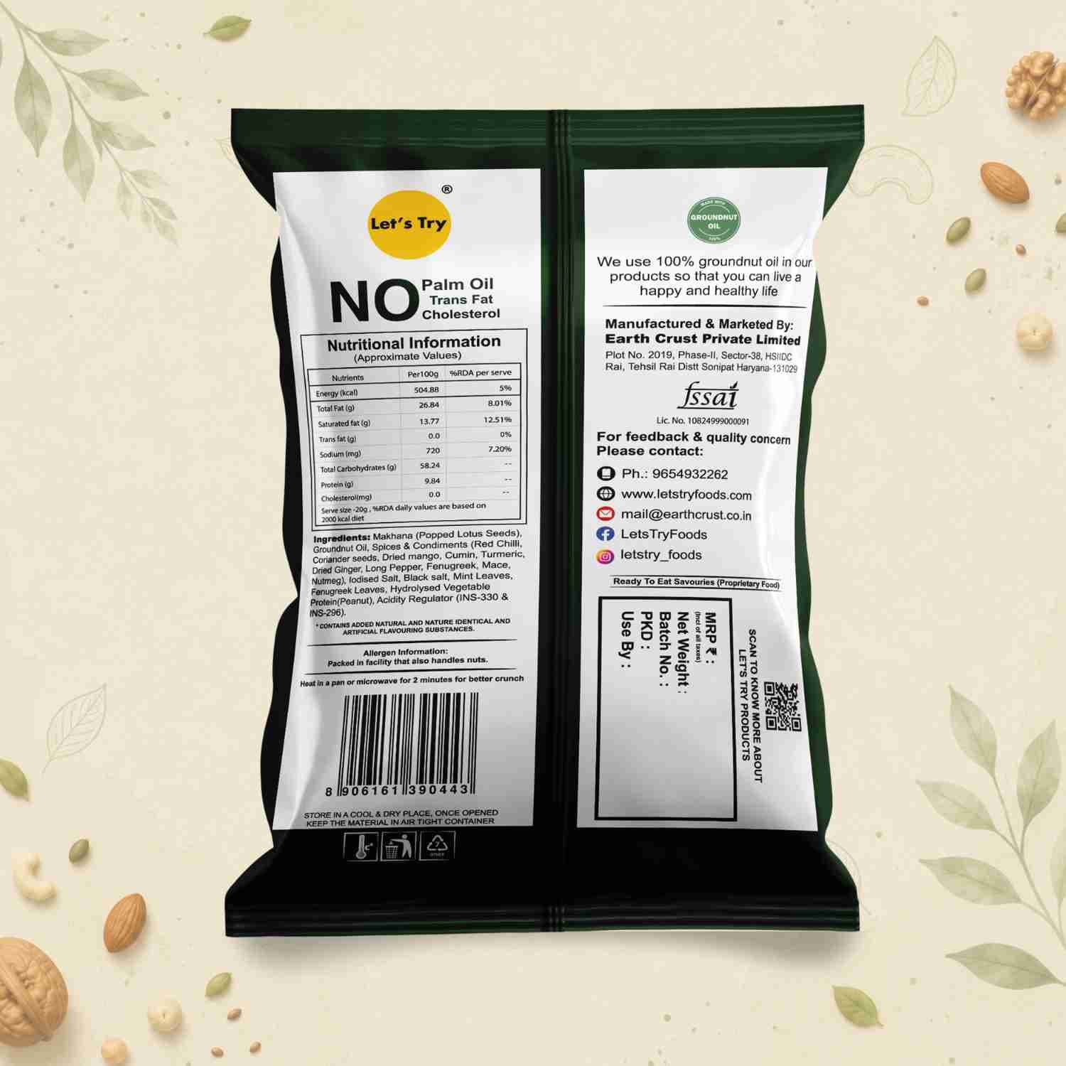 Pudina Makhana Ingredients & Nutritional Label – No Palm Oil, No Maida Clean Label Roasted Makhana | Let's Try Foods