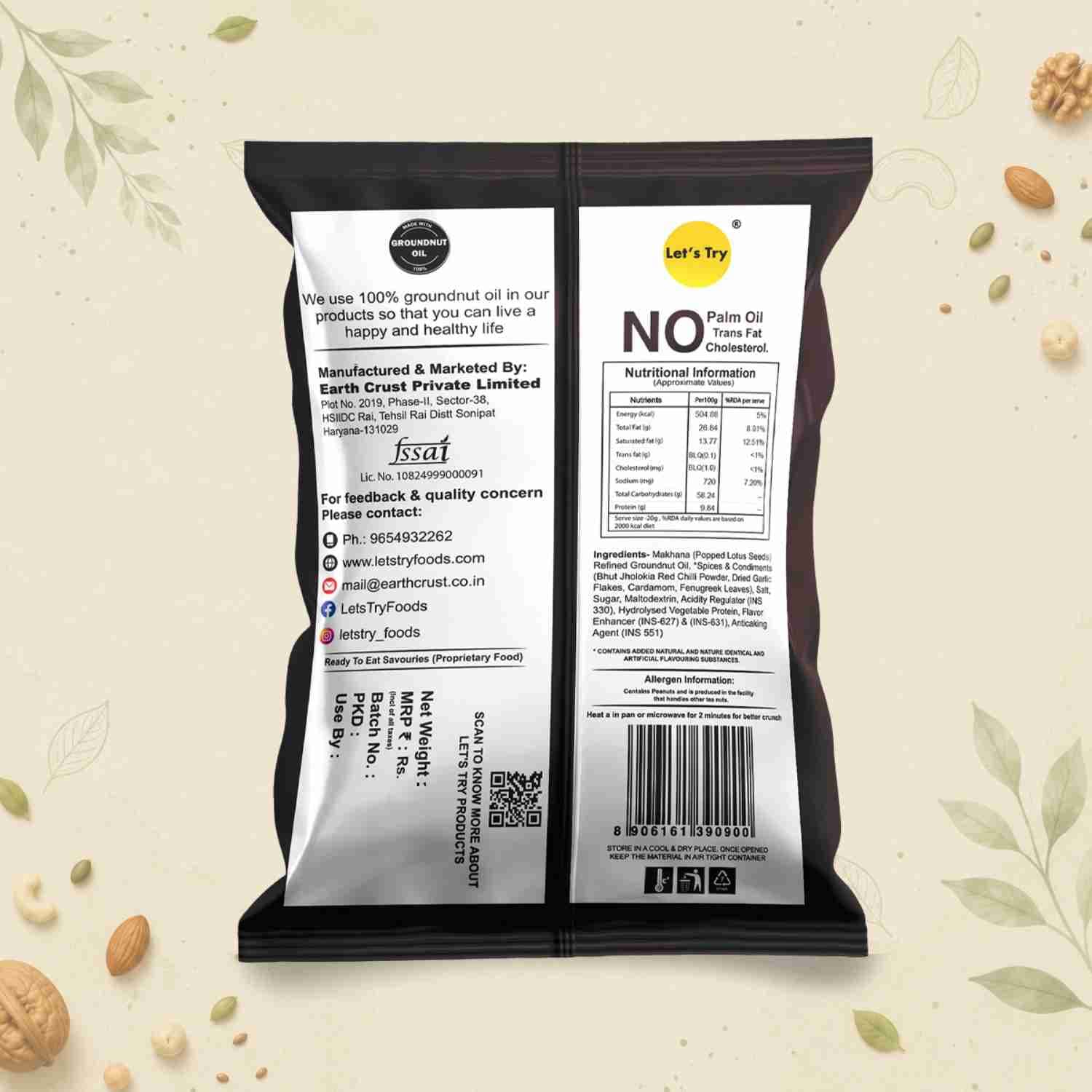 Hot Spicy Makhana Ingredients & Nutritional Label – No Palm Oil, No Maida Clean Label Roasted Makhana | Let's Try Foods