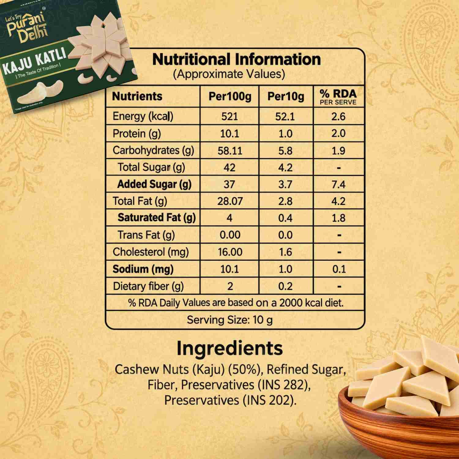 Purani Delhi - Kaju Katli Nutrition Facts – Calories & Ingredients | Healthy Traditional Delhi Snack | Let's Try Foods
