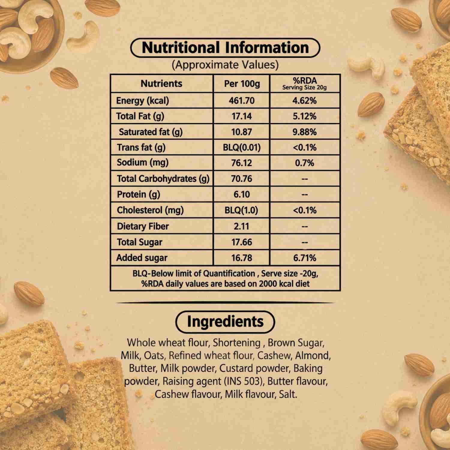 Kaju Almond Cake Rusk 200gm Nutrition Facts – Calories & Ingredients | Healthy Healthy Rusk | Let's Try Foods