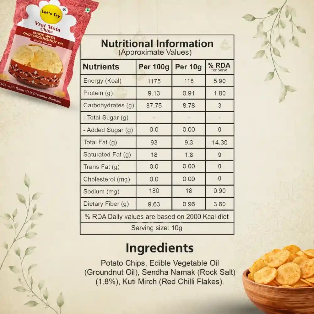 Vrat Mota Chips Nutrition Facts – Calories & Ingredients | Healthy Healthy Chips | Let's Try Foods
