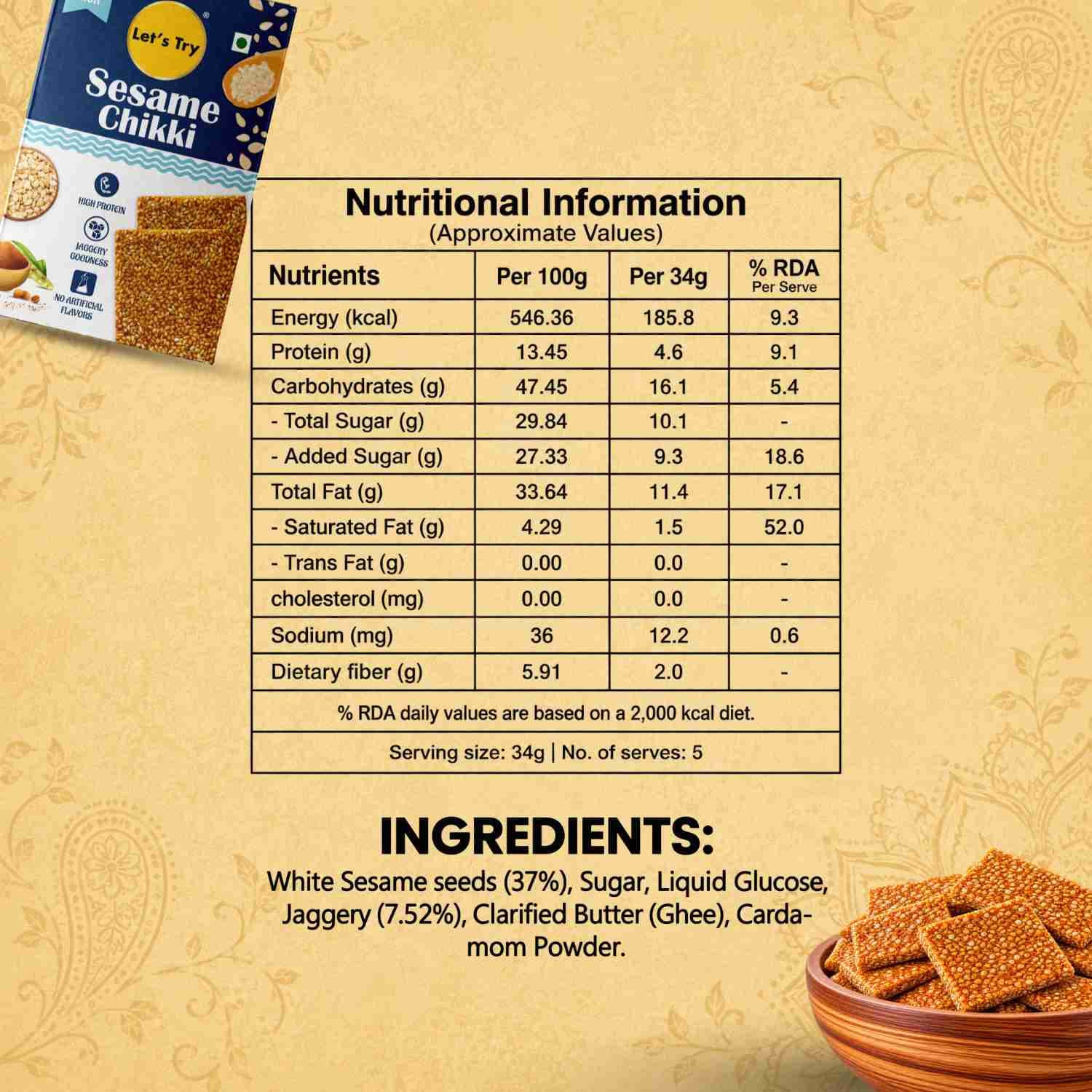Sesame Chikki Nutrition Facts – Calories & Ingredients | Healthy Healthy Indian Sweets | Let's Try Foods