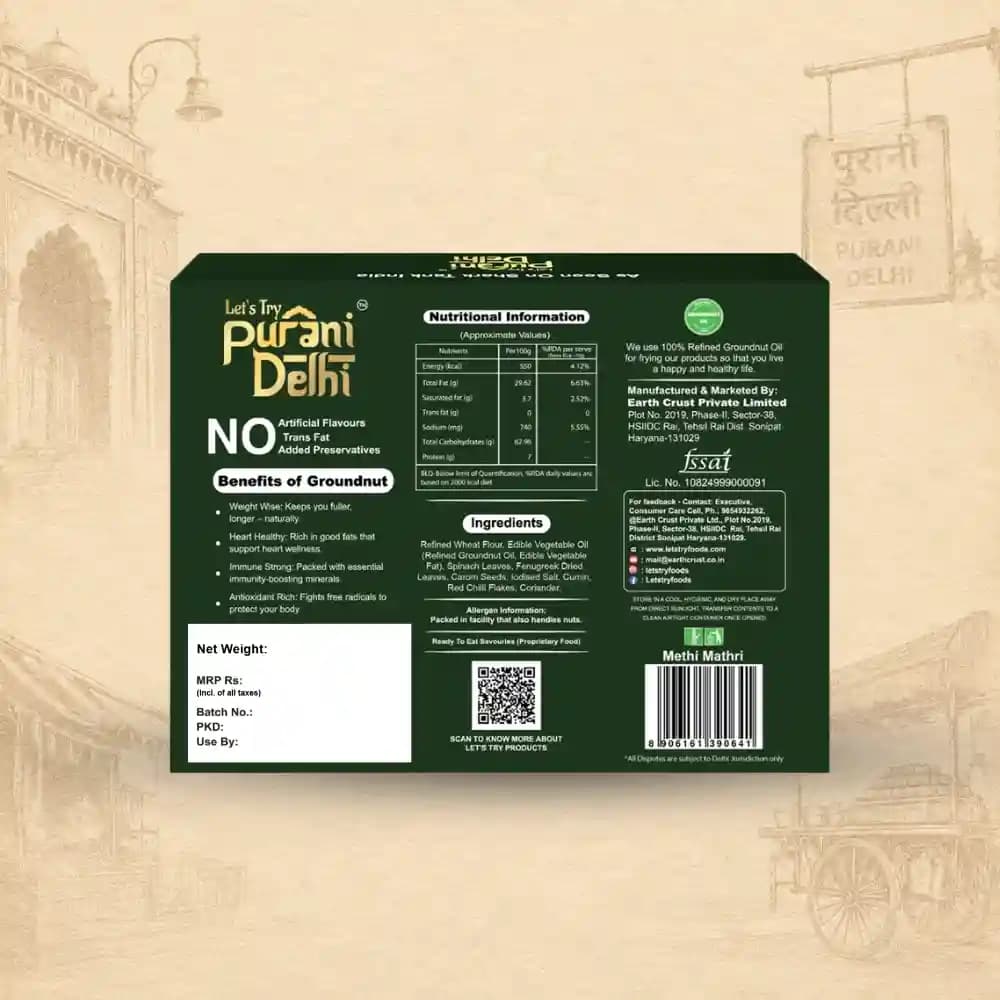 Purani Delhi - Methi Mathri Ingredients & Nutritional Label – No Palm Oil, No Maida Clean Label Healthy Namk | Let's Try Foods