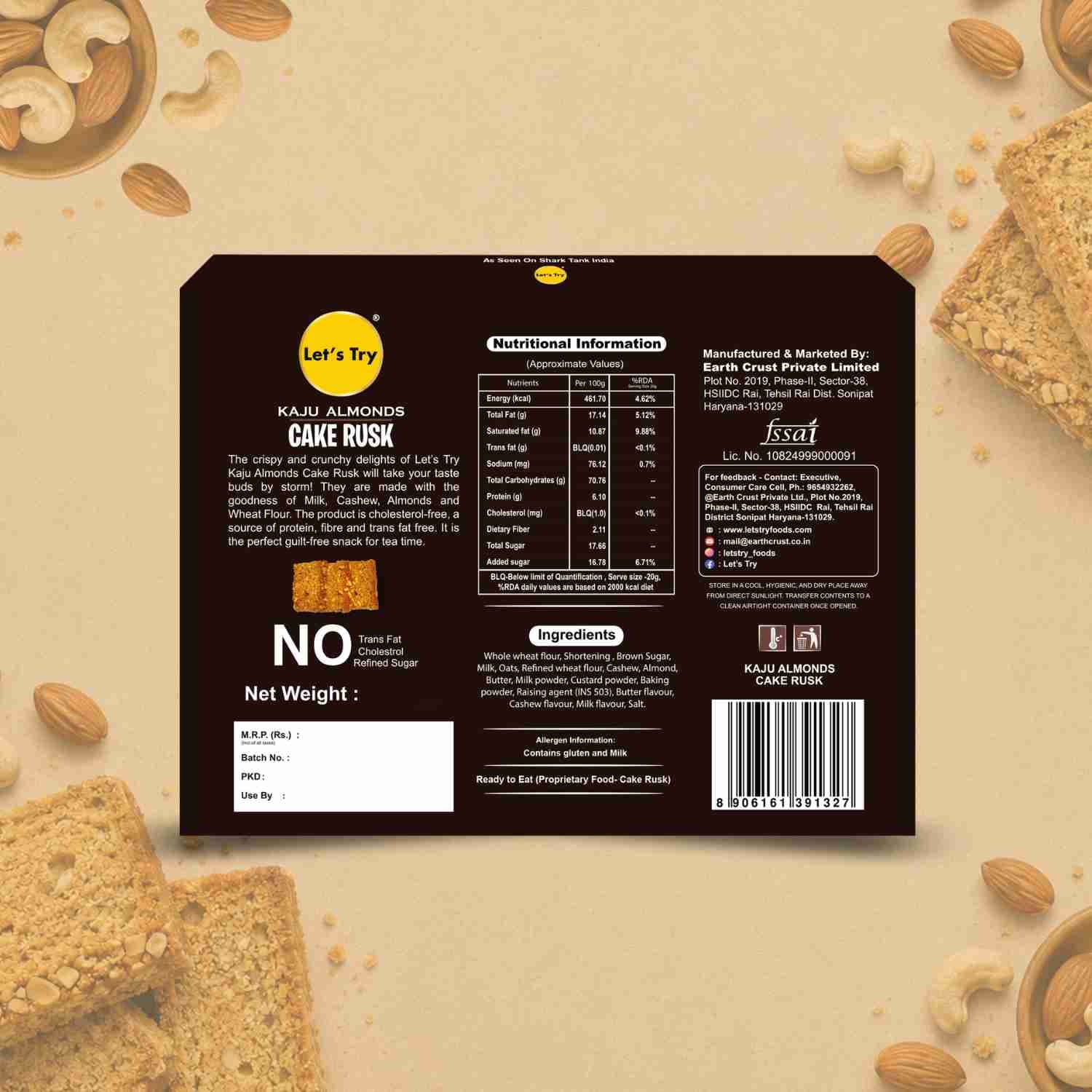 Kaju Almond Cake Rusk 200gm Ingredients & Nutritional Label – No Maida, No Palm Oil Clean Label Healthy Rusk | Let's Try Foods