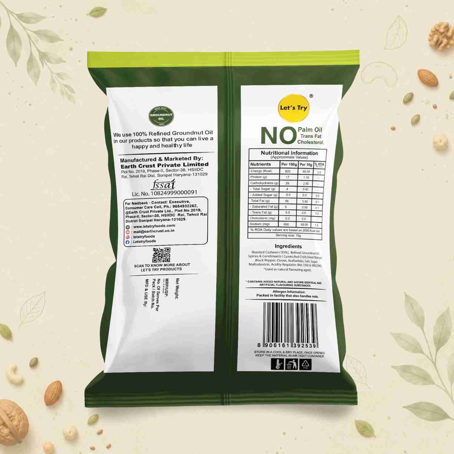 Roasted Cashew Hing Jeera Ingredients & Nutritional Label – No Palm Oil, No Maida Clean Label Premium Roaste | Let's Try Foods