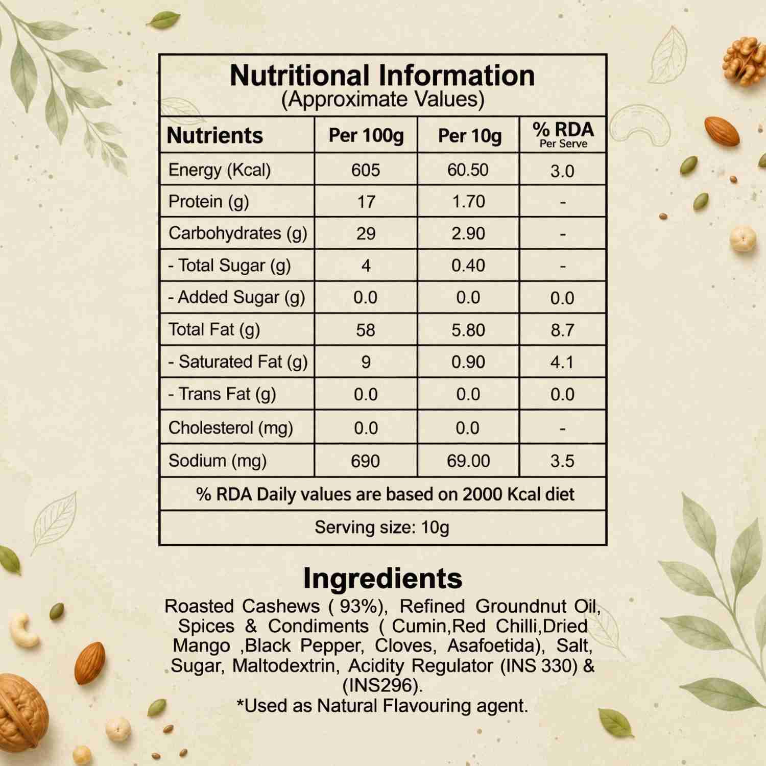 Roasted Cashew Hing Jeera Nutrition Facts – Calories & Ingredients | Healthy Premium Roasted Cashew | Let's Try Foods