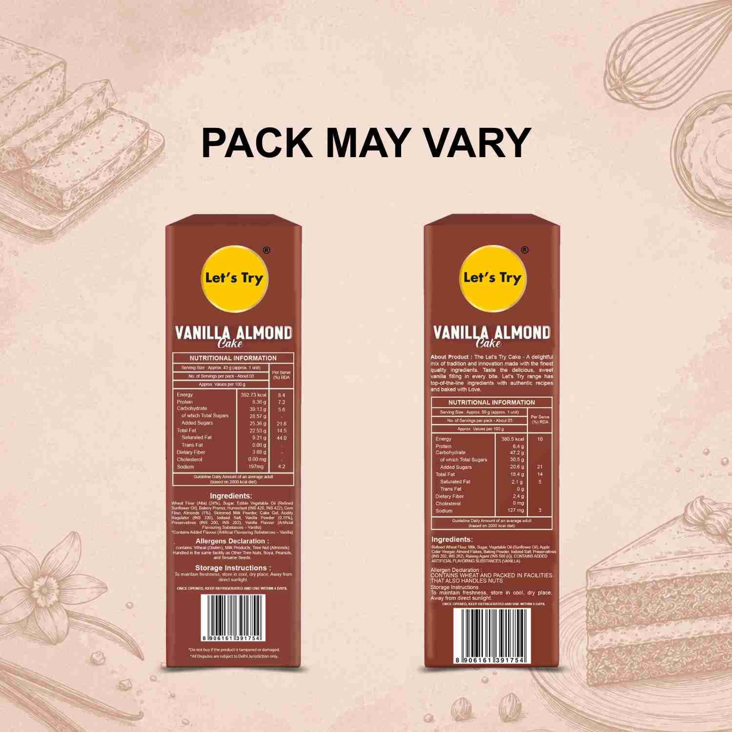 Vanilla Almond Cake Ingredients & Nutritional Label – No Maida, No Palm Oil Clean Label Healthy Baked Snack | Let's Try Foods