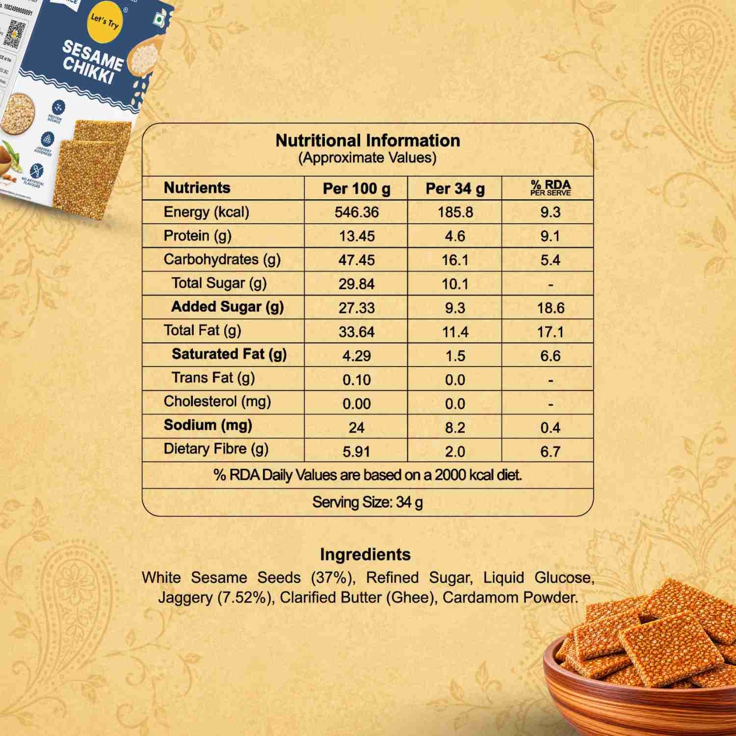 Sesame Chikki Nutrition Facts – Calories & Ingredients | Healthy Healthy Indian Sweets | Let's Try Foods