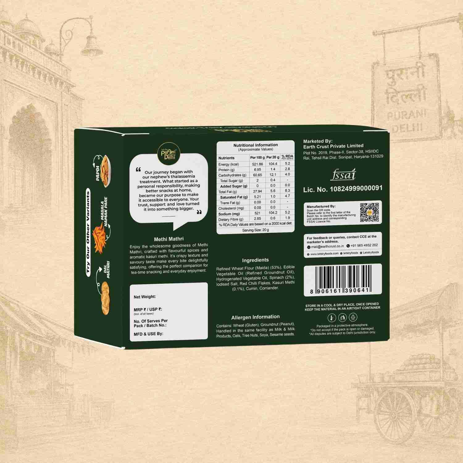 Purani Delhi - Methi Mathri Ingredients & Nutritional Label – No Palm Oil, No Maida Clean Label Healthy Namk | Let's Try Foods