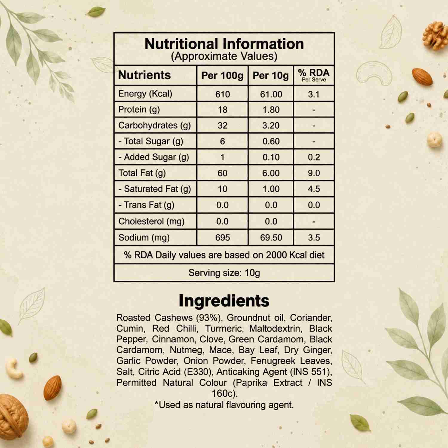 Roasted Cashew Tandoori Nutrition Facts – Calories & Ingredients | Healthy Premium Roasted Cashew | Let's Try Foods