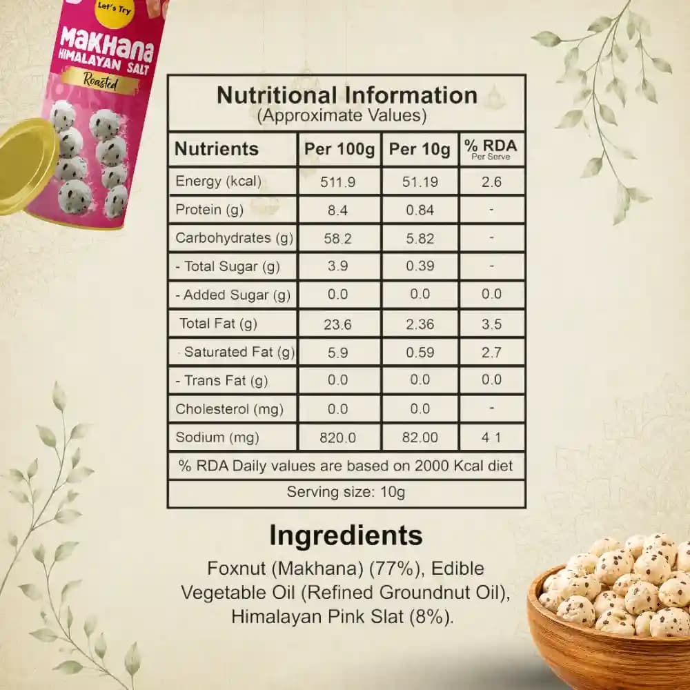 Himlayan Salt Makhana 77g Nutrition Facts – Calories & Ingredients | Healthy Roasted Makhana | Let's Try Foods