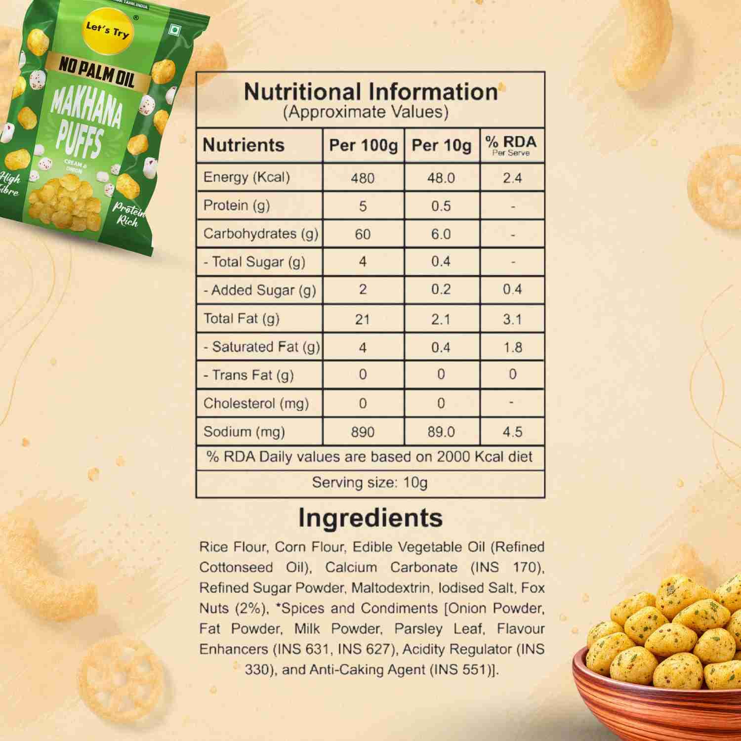Makhana Puff Cream Onion Ingredients & Nutrition Facts – Calories & Ingredients | Healthy Roasted Makhana | Let's Try Foods