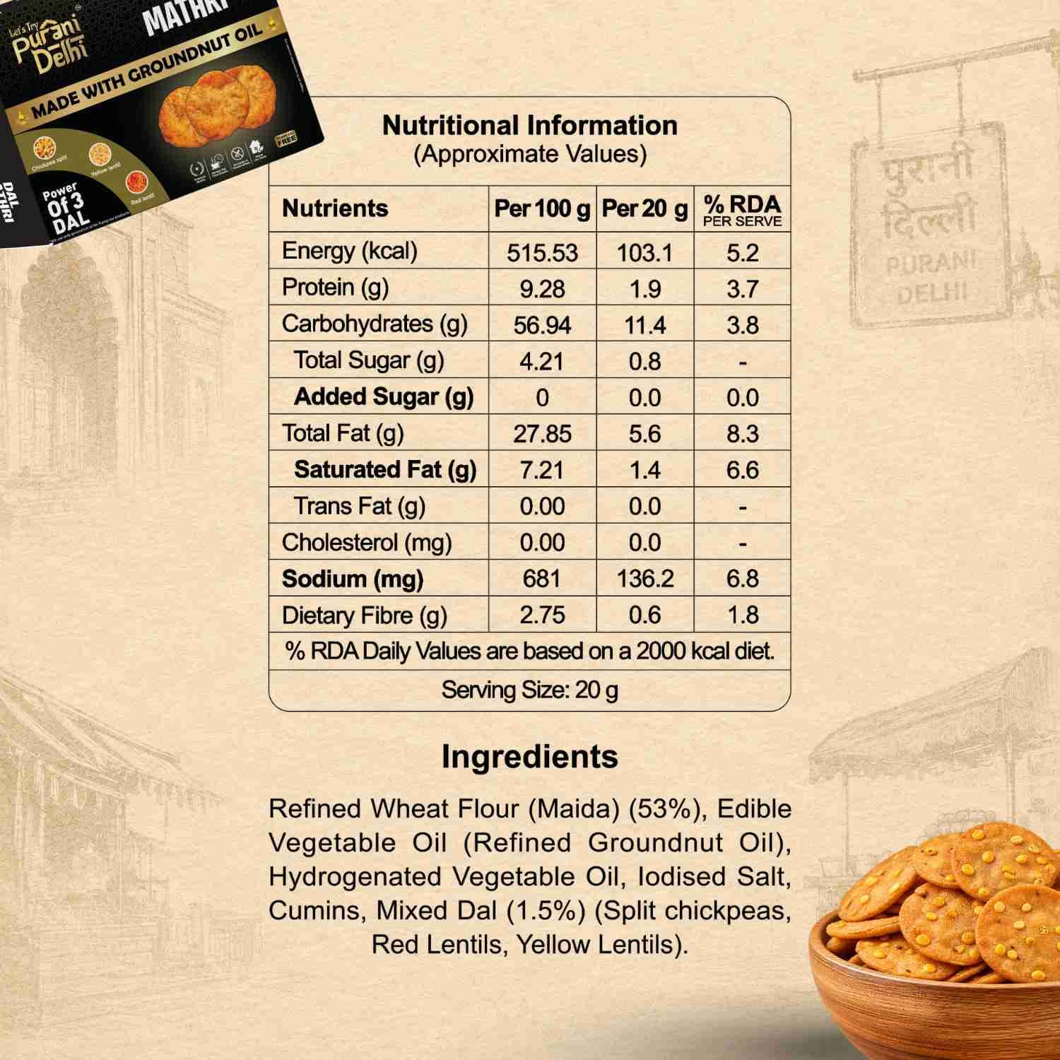 Purani Delhi - Dal Mathri Nutrition Facts – Calories & Ingredients | Healthy Healthy Namkeen | Let's Try Foods
