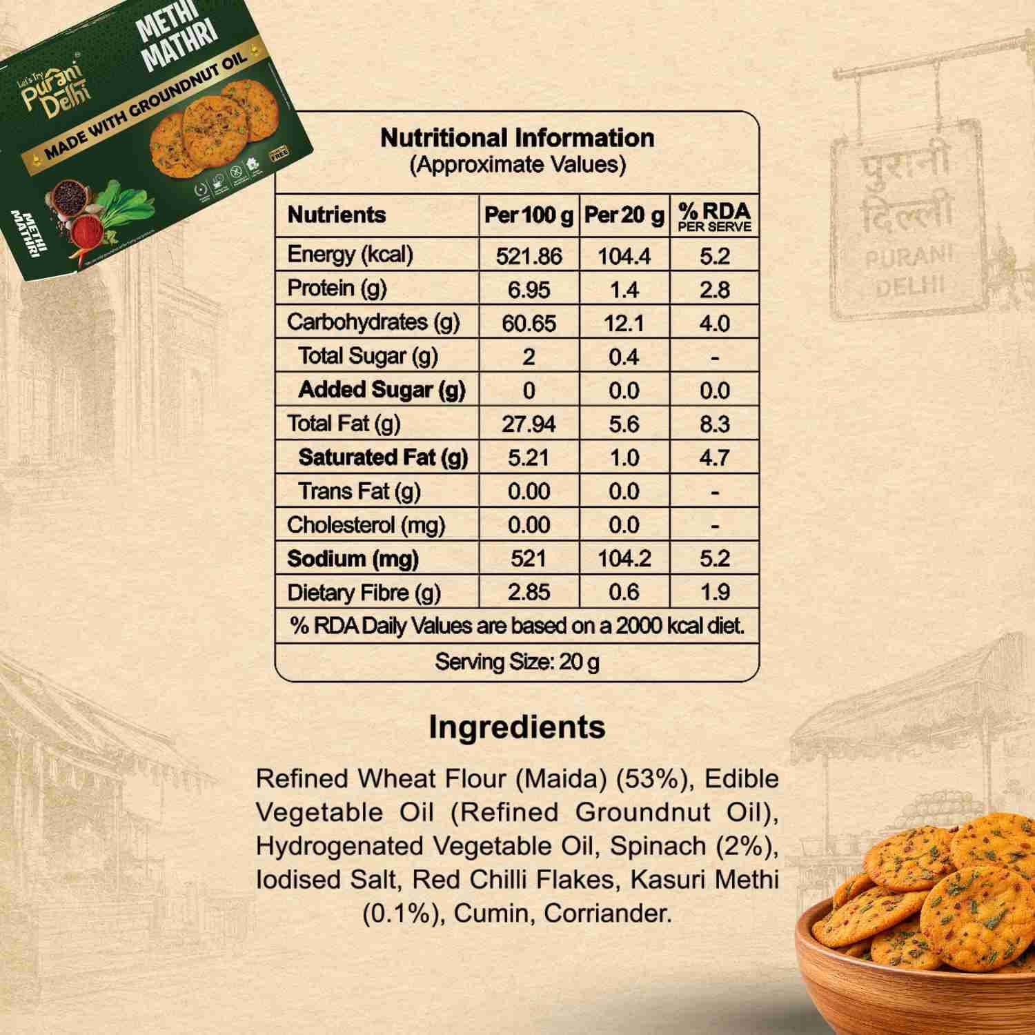 Purani Delhi - Methi Mathri Nutrition Facts – Calories & Ingredients | Healthy Healthy Namkeen | Let's Try Foods