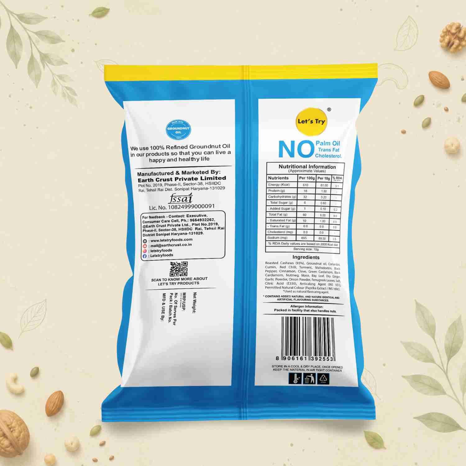 Roasted Cashew Tandoori Ingredients & Nutritional Label – No Palm Oil, No Maida Clean Label Premium Roasted | Let's Try Foods