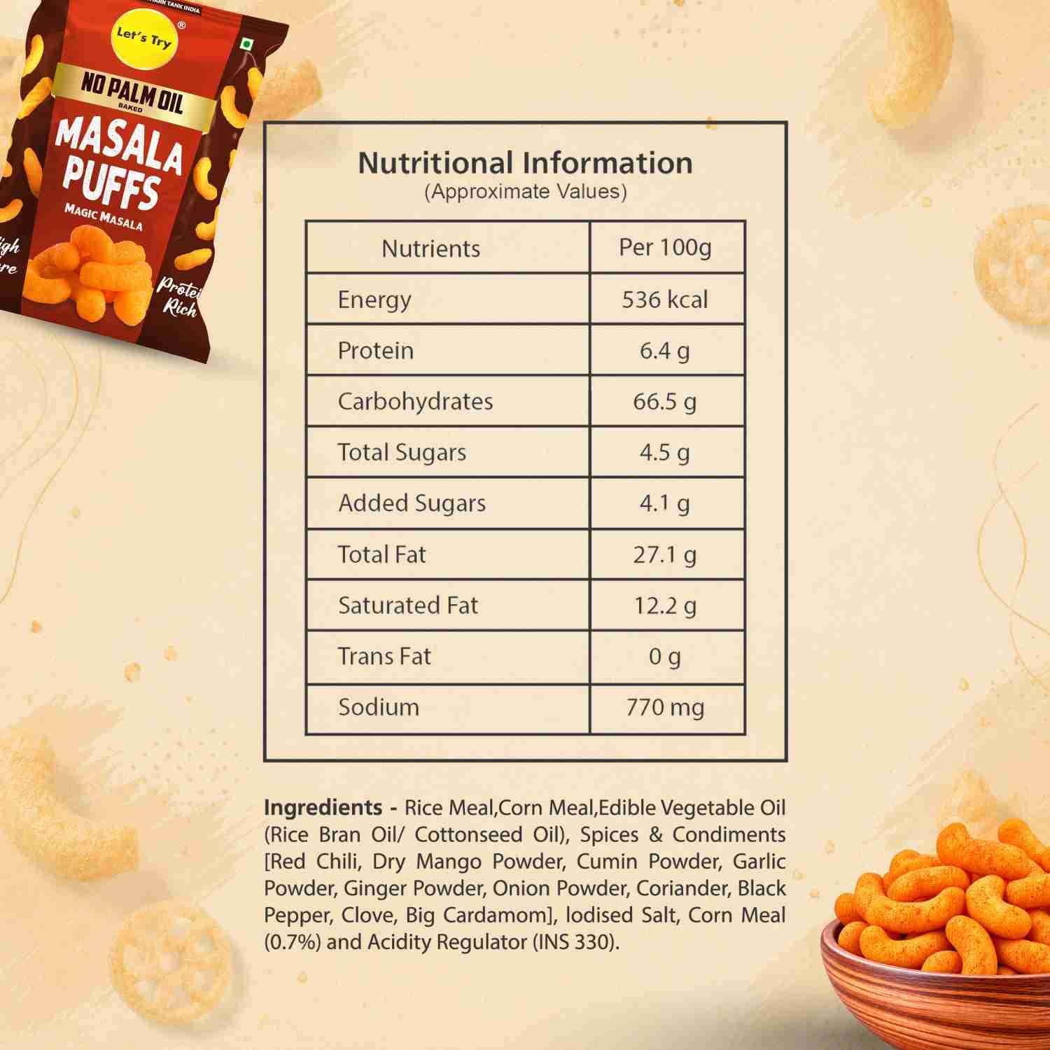 Masala Puff Nutrition Facts – Calories & Ingredients | Healthy Healthy Puff Snack | Let's Try Foods