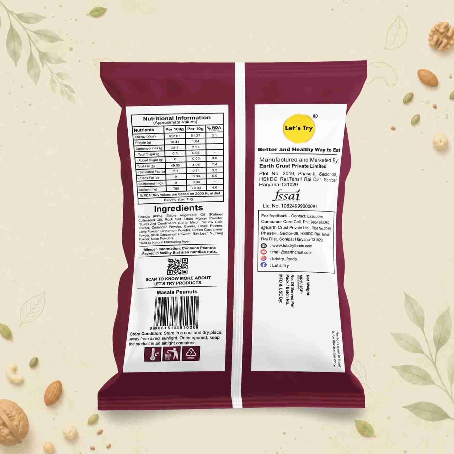 Masala Peanut Ingredients & Nutritional Label – No Palm Oil, No Maida Clean Label Healthy Roasted Nuts | Let's Try Foods