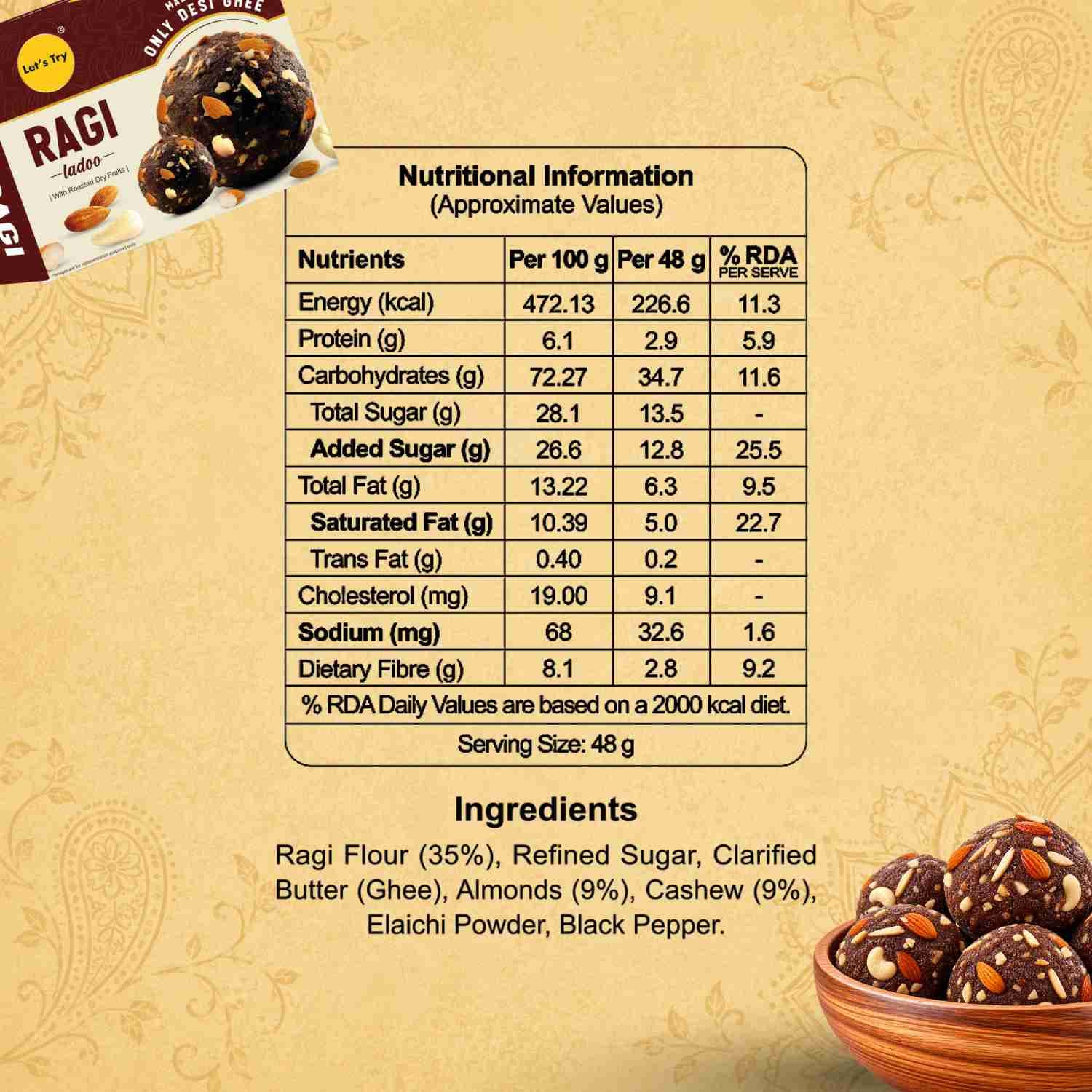 Ragi Ladoo Nutrition Facts – Calories & Ingredients | Healthy Healthy Indian Sweets | Let's Try Foods