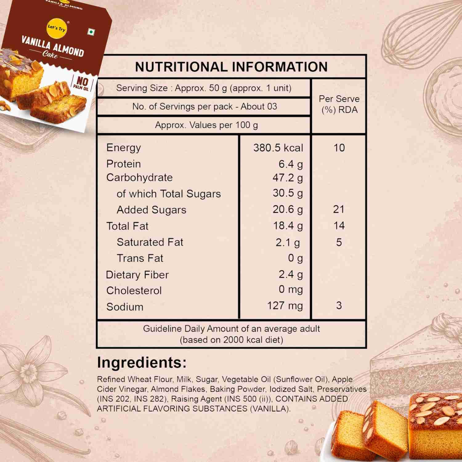 Vanilla Almond Cake Nutrition Facts – Calories & Ingredients | Healthy Healthy Baked Snack | Let's Try Foods