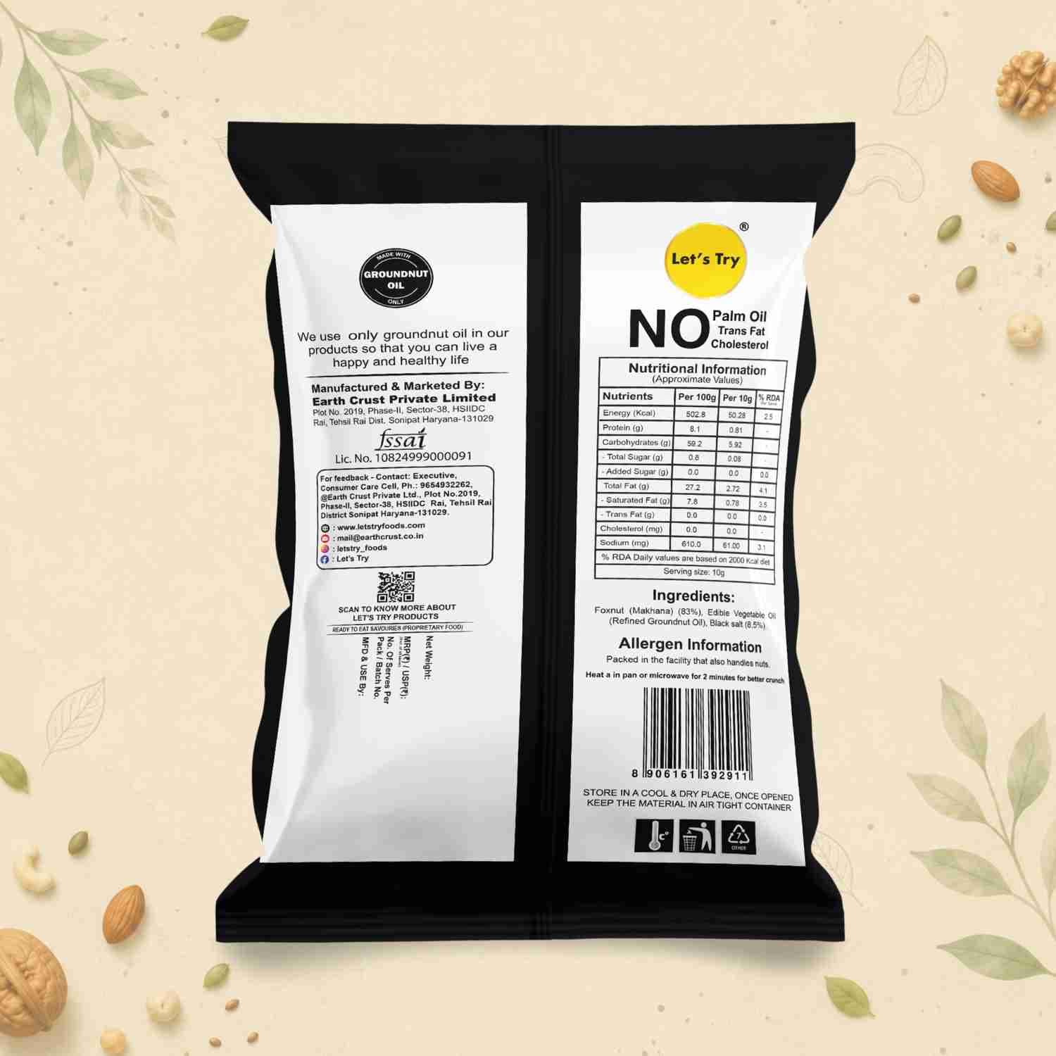 Black Salt Makhana Ingredients & Nutritional Label – No Palm Oil, No Maida Clean Label Roasted Makhana | Let's Try Foods