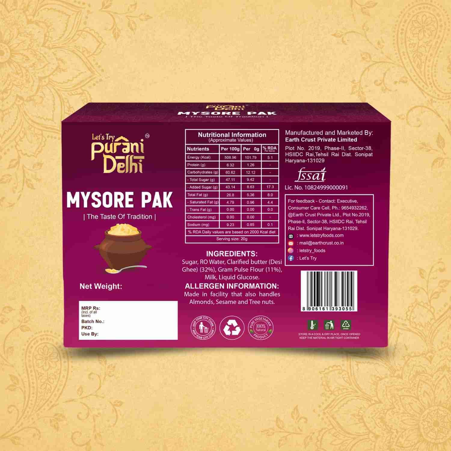 Purani Delhi - Mysore Pak Ingredients & Nutritional Label – No Palm Oil, No Maida Clean Label Traditional De | Let's Try Foods