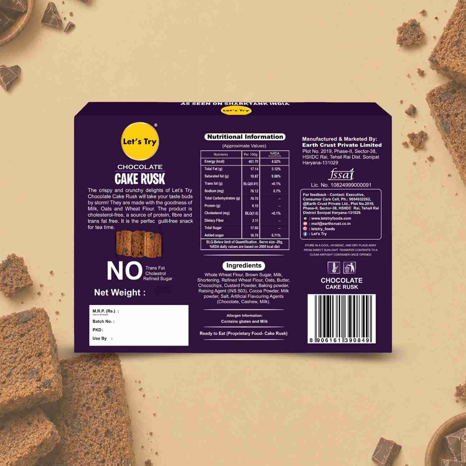 Chocolate Cake Rusk 200g Ingredients & Nutritional Label – No Maida, No Palm Oil Clean Label Healthy Rusk | Let's Try Foods