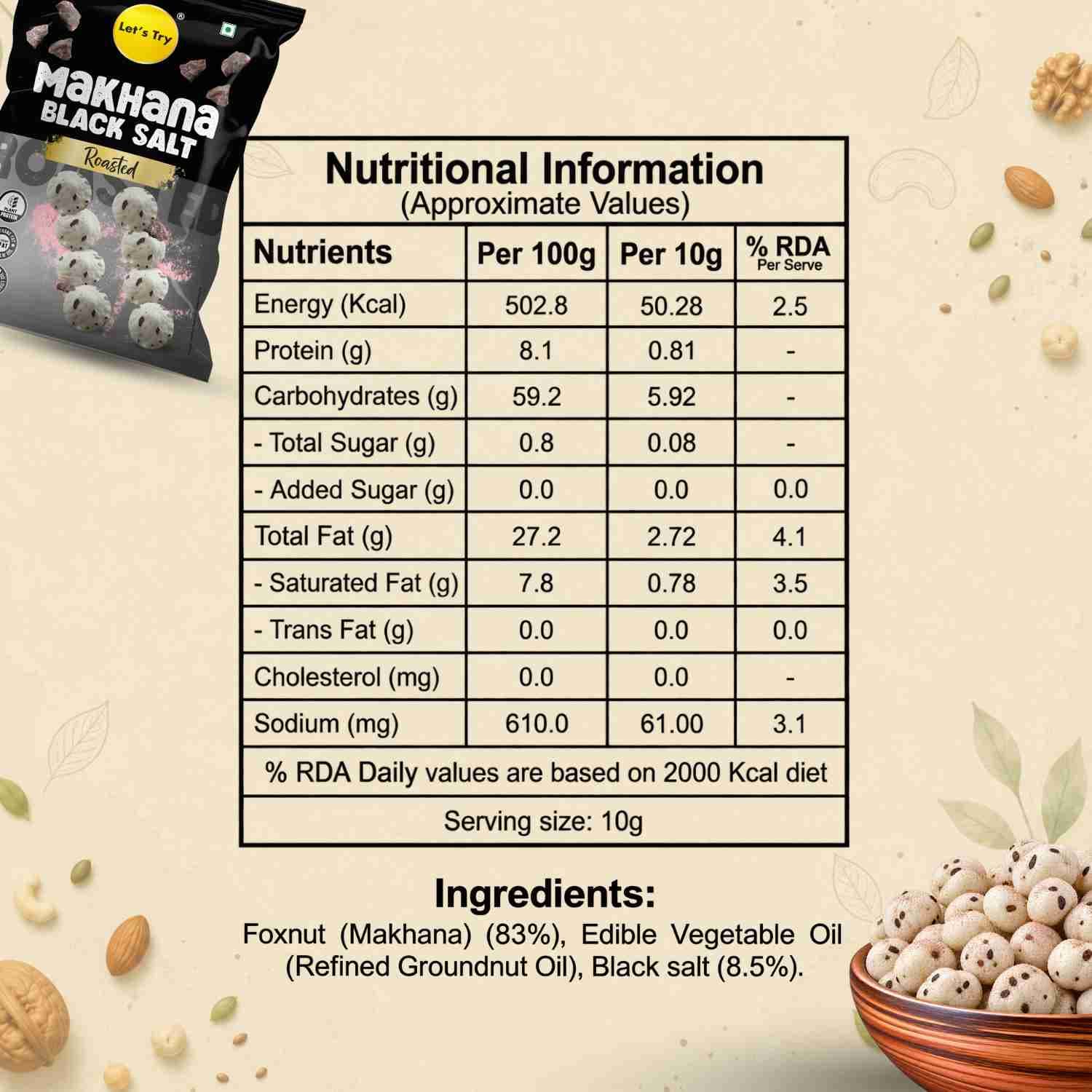 Black Salt Makhana Nutrition Facts – Calories & Ingredients | Healthy Roasted Makhana | Let's Try Foods