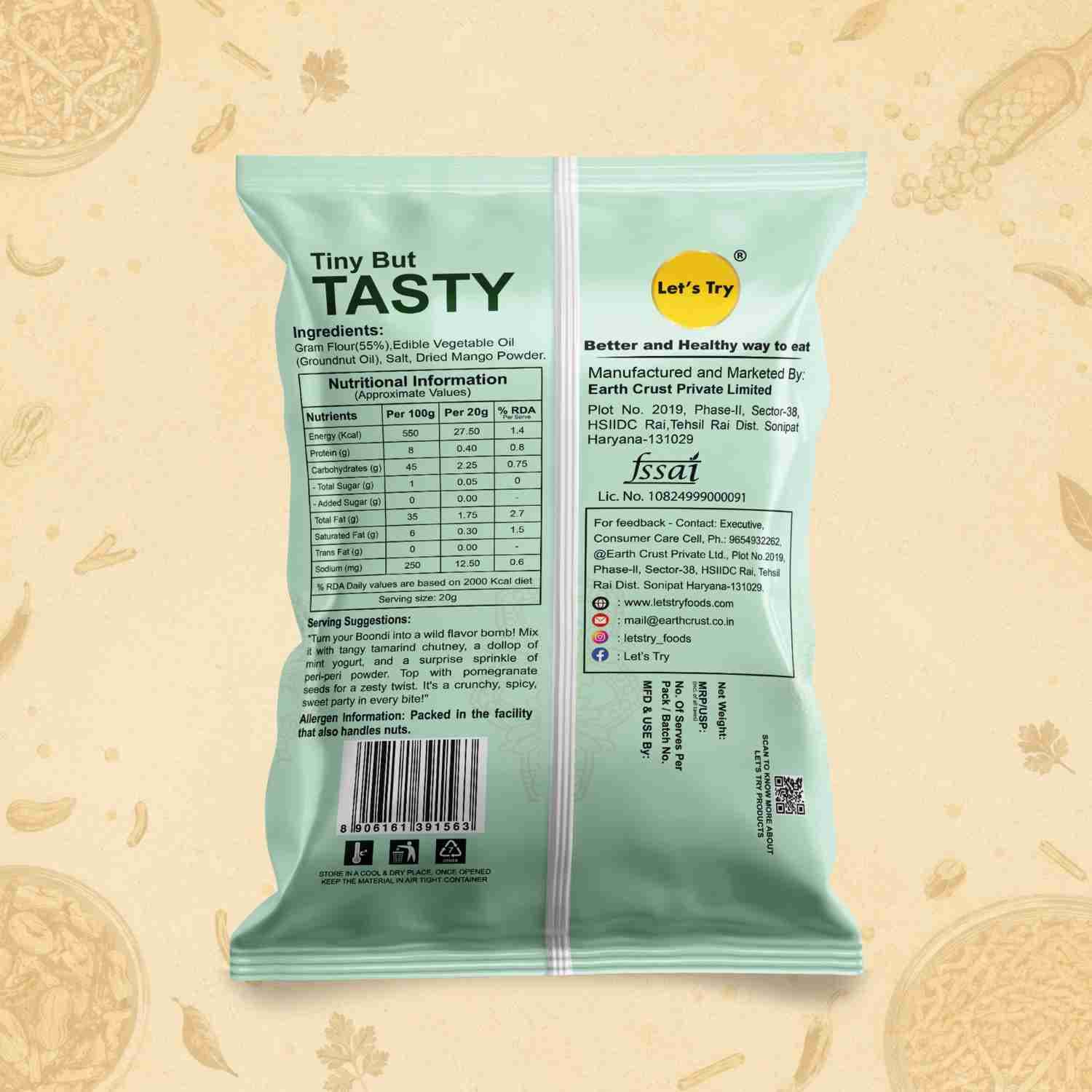 Boondi Ingredients & Nutritional Label – No Palm Oil, No Maida Clean Label Healthy Namkeen | Let's Try Foods