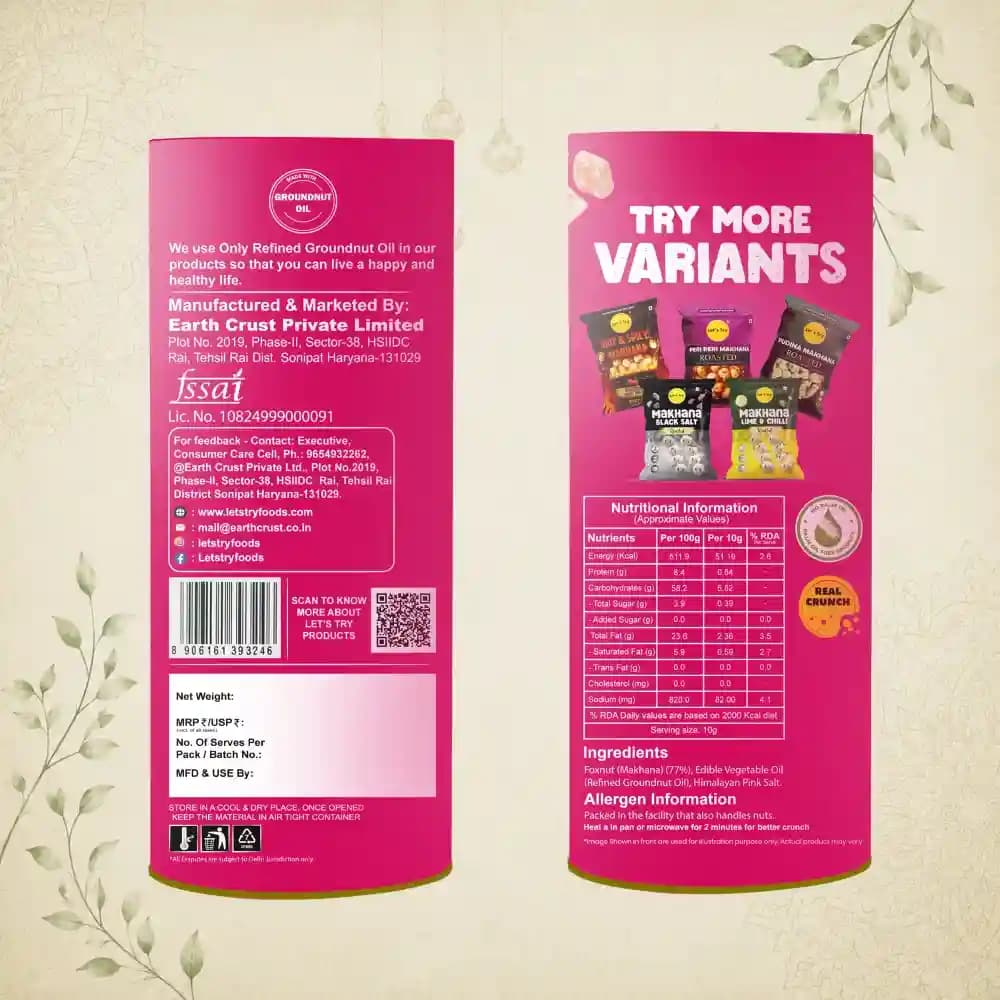 Himlayan Salt Makhana 77g Ingredients & Nutritional Label – No Palm Oil, No Maida Clean Label Roasted Makhana | Let's Try Foods