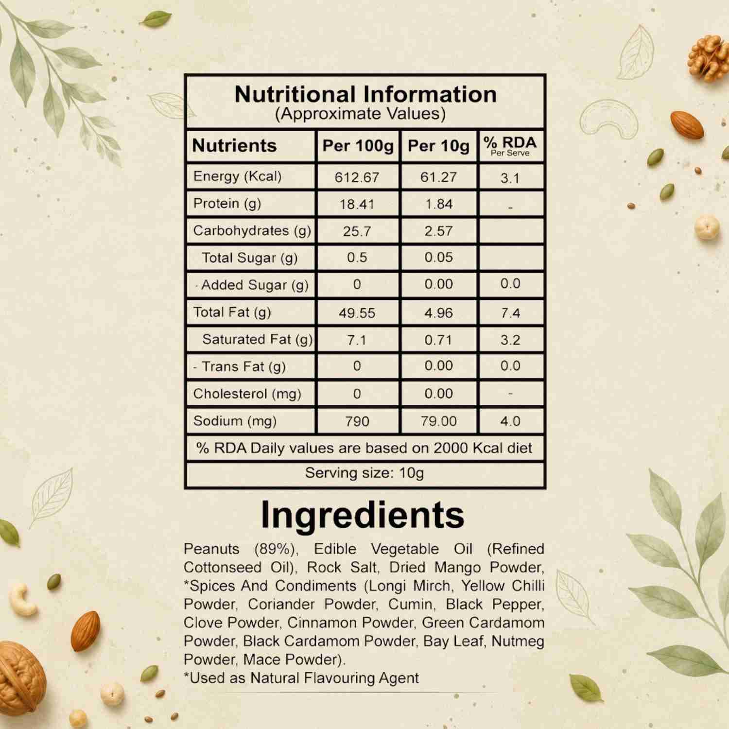 Masala Peanut Ingredients & Nutritional Label – No Palm Oil, No Maida Clean Label Healthy Roasted Nuts | Let's Try Foods