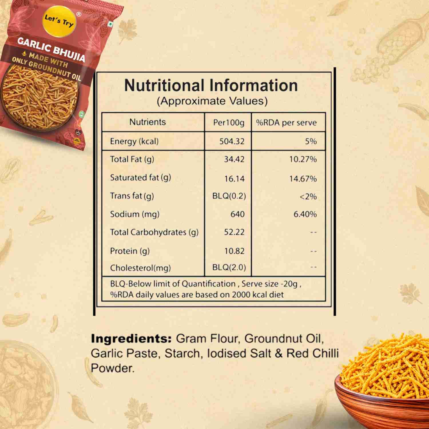 Garlic Bhujia Nutrition Facts – Calories & Ingredients | Healthy Healthy Namkeen | Let's Try Foods