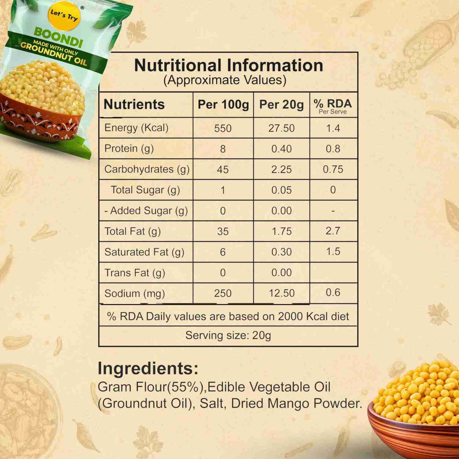 Boondi Nutrition Facts – Calories & Ingredients | Healthy Healthy Namkeen | Let's Try Foods