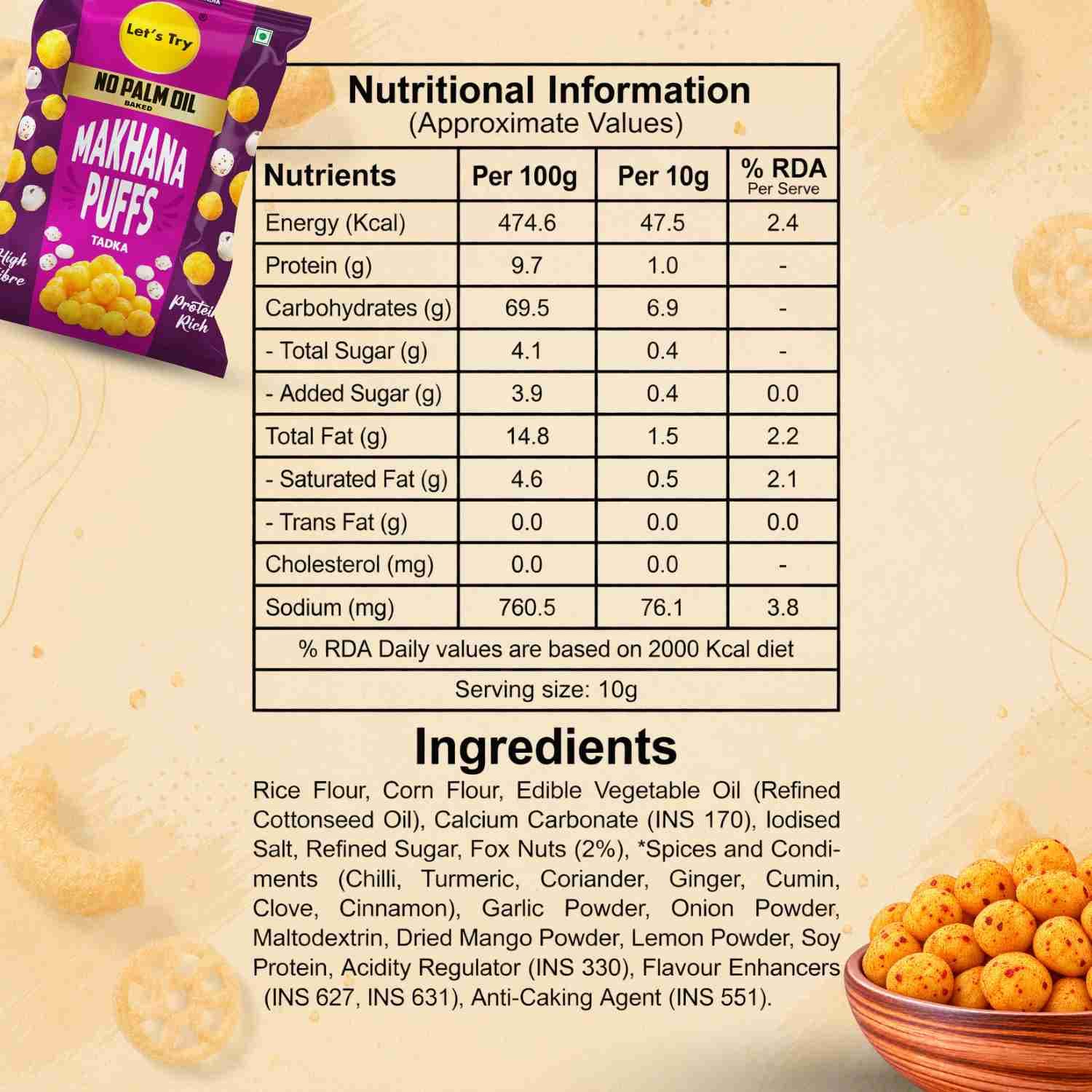 Makhana Puff Tadka Ingredients & Nutrition Facts – Calories & Ingredients | Healthy Roasted Makhana | Let's Try Foods