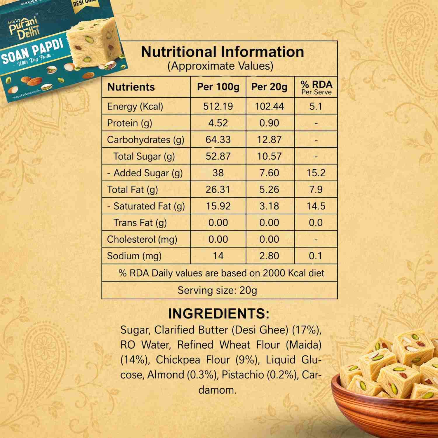 Purani Delhi - Soan Papdi Nutrition Facts – Calories & Ingredients | Healthy Healthy Namkeen | Let's Try Foods